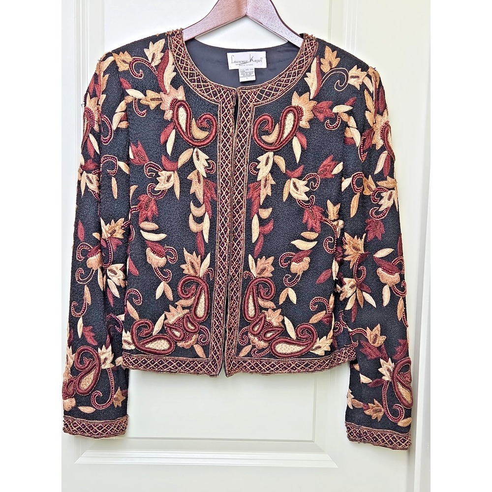 Vintage Laurence Kazar Beaded Embroidered Jacket 100% Silk Shell Size Womens L